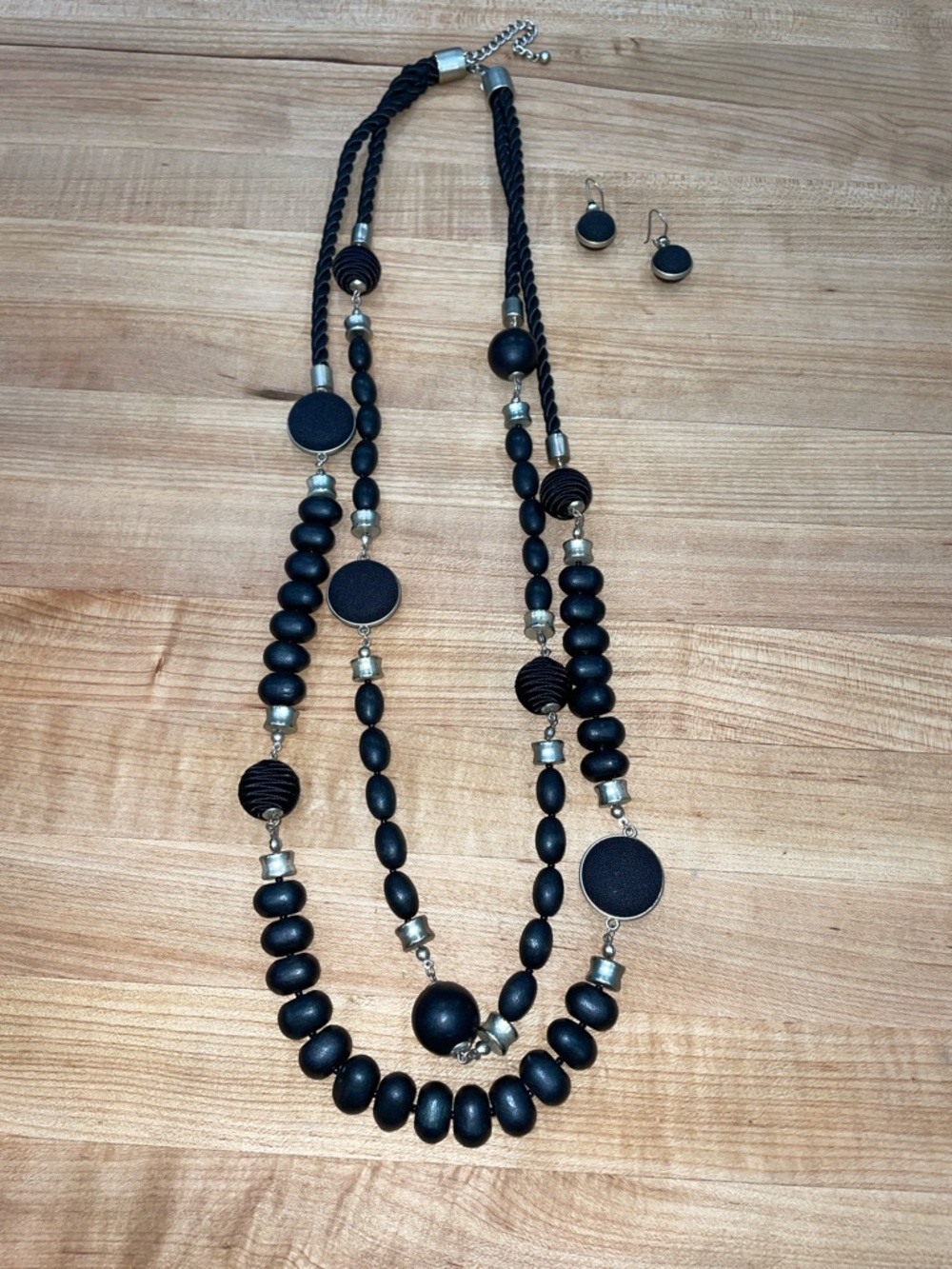 Chicos Black Beaded Layered Necklace & Earrings Set